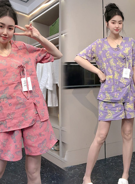 网红时尚国风短袖睡衣女夏季宽松休闲洋气两件套短裤家居服汗蒸服