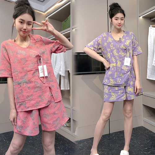 网红时尚国风短袖睡衣女夏季宽松休闲洋气两件套短裤家居服汗蒸服