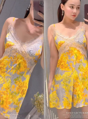 性感黄色战袍睡裙女夏冰丝绸宽松大码吊带露背蕾丝情趣纯欲风睡衣
