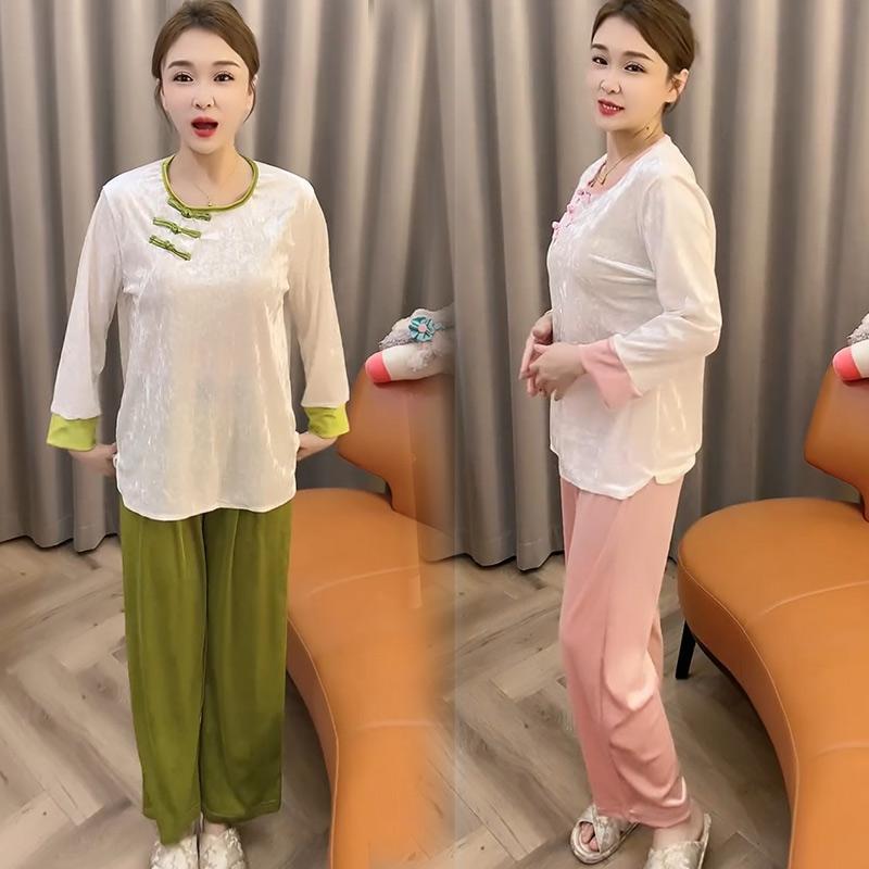复古盘扣金丝绒圆领睡衣女秋冬加肥加大宽松可外穿显瘦洋气家居服