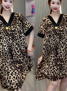 睡衣女夏V领短袖胖mm宽松大码豹纹睡裙2026年新款薄款性感家居服