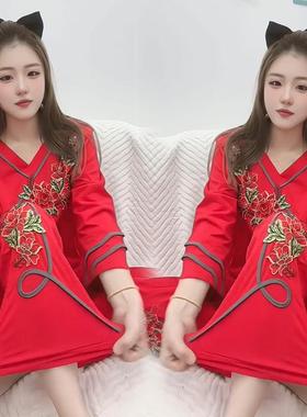 红色本命年睡衣女秋冬纯棉复古立体刺绣结婚加肥加大码新年家居服