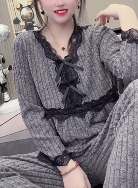 网红爆款气质韩版V领保暖睡衣女秋冬大码长袖宽松显瘦薄绒家居服