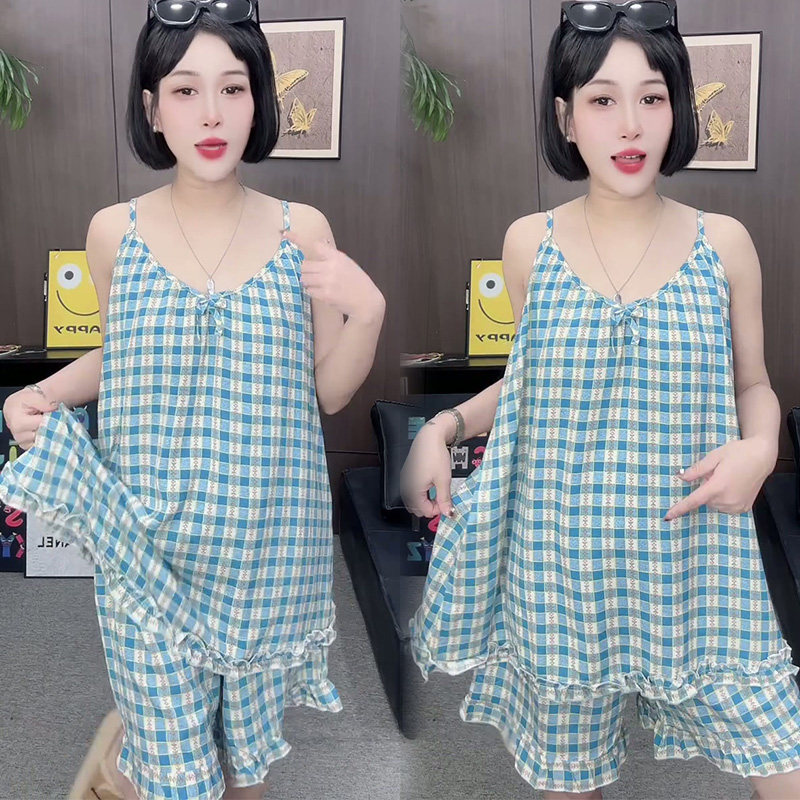 韩版格子吊带睡裙女夏宽松大码甜美可爱可外穿家居服睡衣两件套装