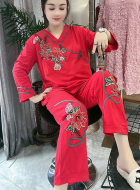 新年红色本命年套装女纯棉冬季睡衣复古刺绣舒适加肥加大码家居服