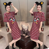 2026年睡裙女夏宽松大码 学生棉质百搭洋气减龄条纹卡通家居服 韩版