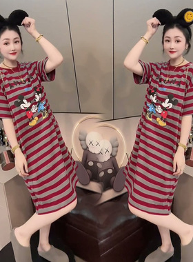 2025年睡裙女夏宽松大码韩版学生棉质百搭洋气减龄条纹卡通家居服