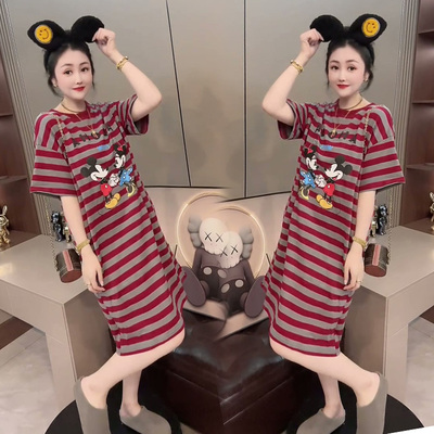 2026年睡裙女夏宽松大码韩版学生棉质百搭洋气减龄条纹卡通家居服
