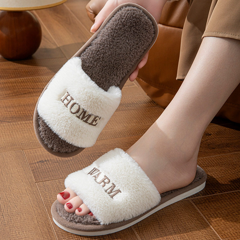 兔毛绒开口保暖棉拖鞋女居家外穿名媛少女ing软底防滑字母刺绣拖