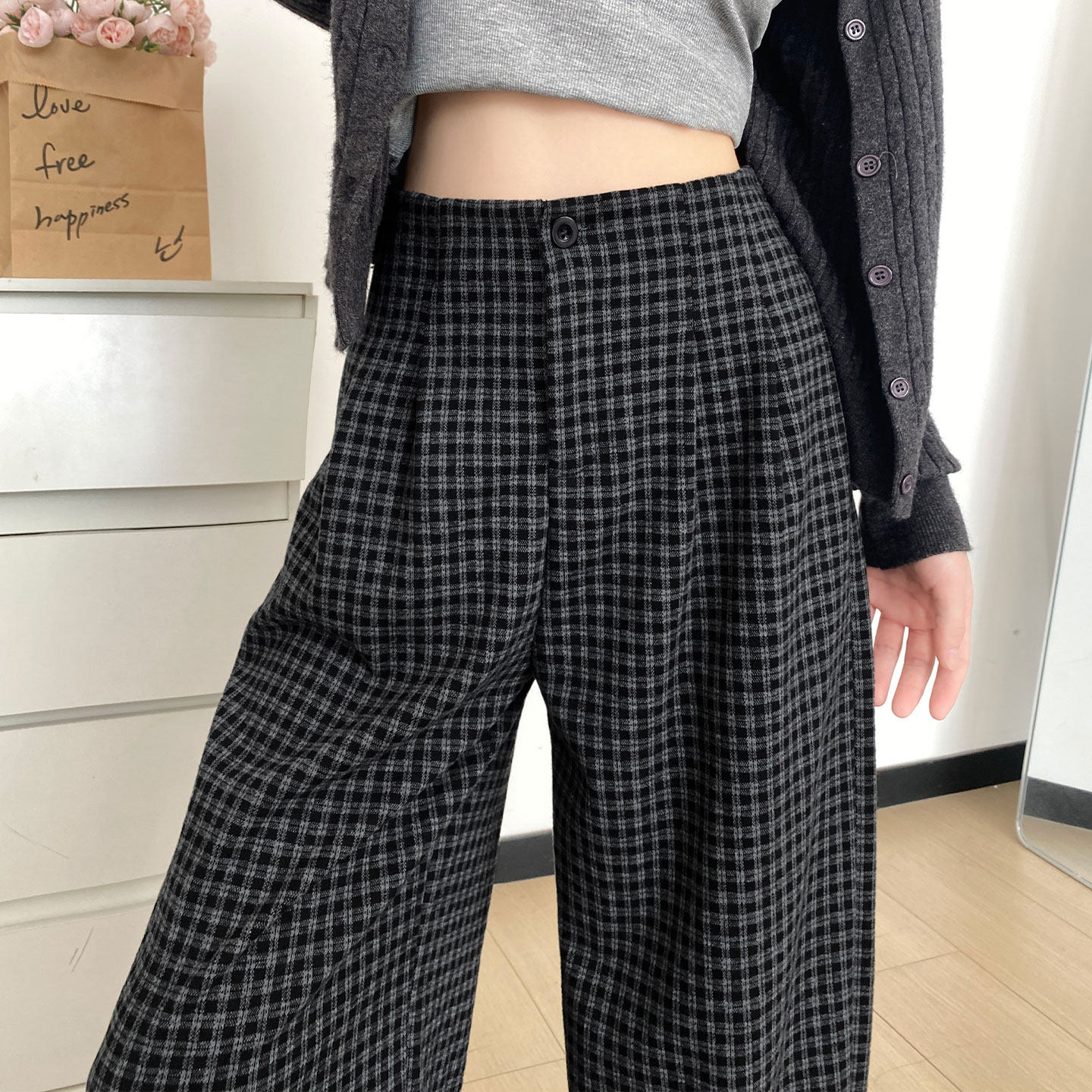 黑色格子阔腿裤女2025新款秋季宽松bf慵懒风运动护腰直筒休闲裤子