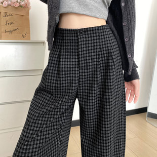 黑色格子阔腿裤女2025新款秋季宽松bf慵懒风运动护腰直筒休闲裤子
