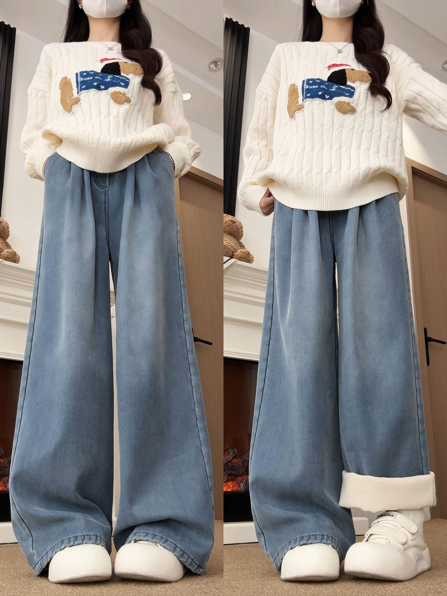 浅色加绒牛仔裤女2025新款秋冬季直筒小个子胖mm大码慵懒阔腿裤子