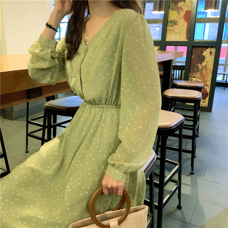 Real shot new French minority retro collar fresh over knee Chiffon Floral Dress