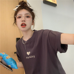 Real shooting summer new loose and versatile love short sleeve T-shirt medium length age reducing top female