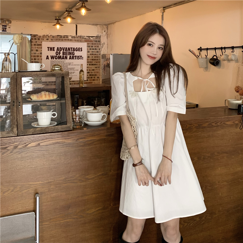 Real summer, new salt, sweet tie, hollowed, high waist dress design, short sleeved black skirt.