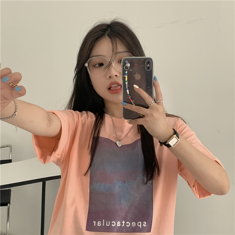 Real shot summer new Korean loose and thin medium and long starry sky printed short sleeve T-shirt