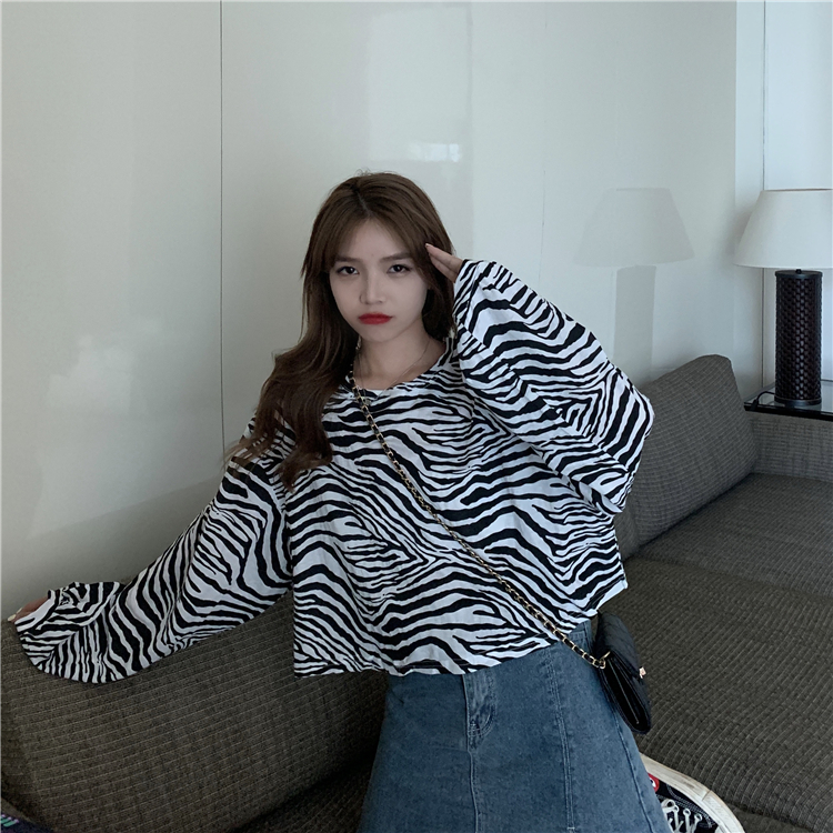 Real shooting early autumn new loose and versatile zebra pattern long sleeve Pullover Top Women's fashion
