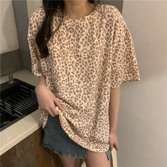 Real shot ~ 2021 summer new Harajuku style loose and thin leopard print medium long short sleeve T-shirt women's fashion