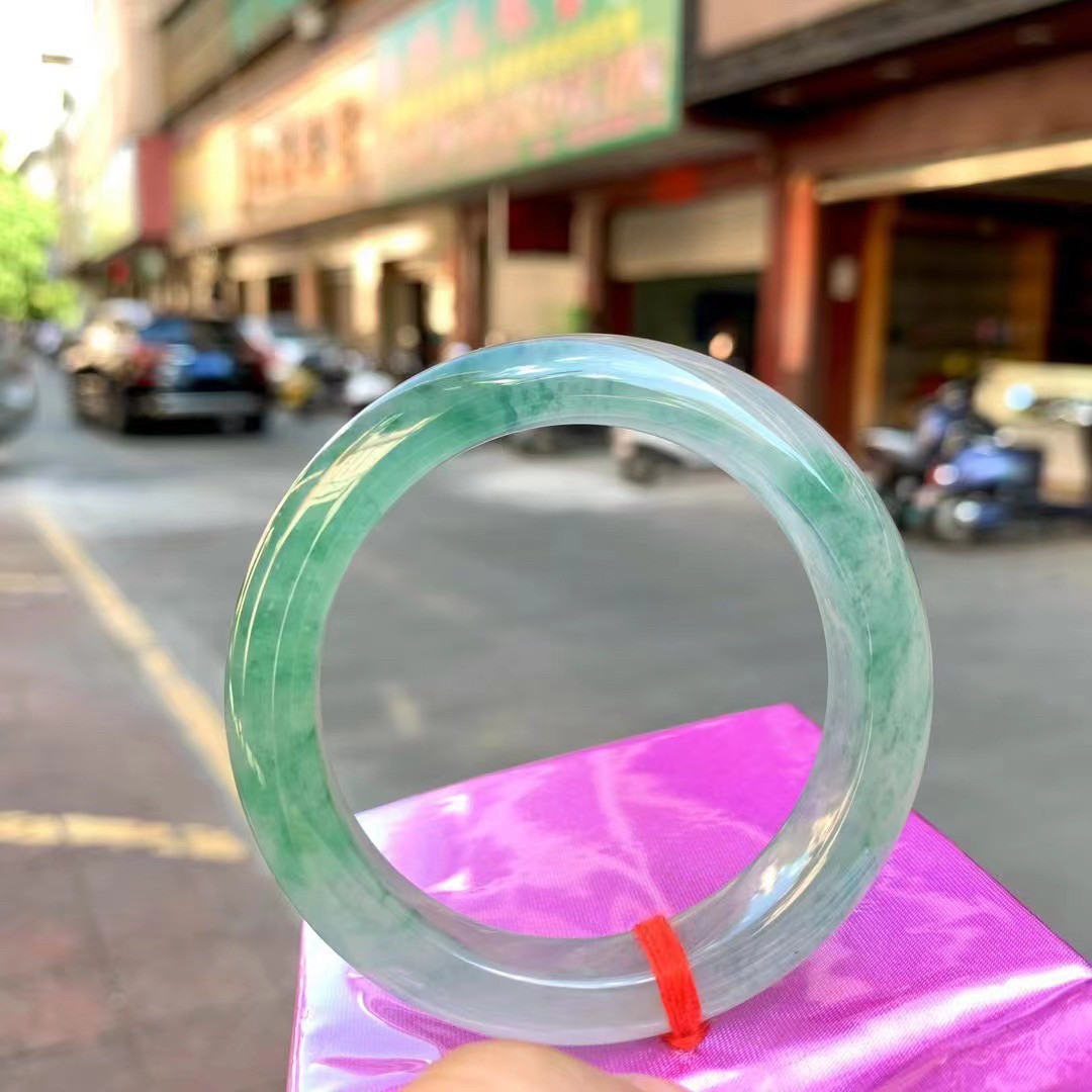 飘蓝花缅甸天然翡翠a货手镯正冰种飘花玉石平安镯翡翠玉手镯女款