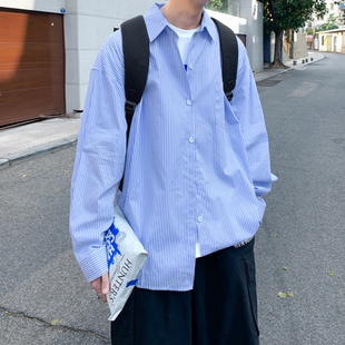 2021春款新款港风复古纯棉蓝条纹长袖衬衫韩版ins百搭条纹衬衫男