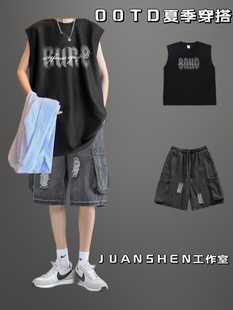 无袖t恤男士夏季潮牌宽松坎肩背心一套搭配牛仔短裤帅气休闲套装