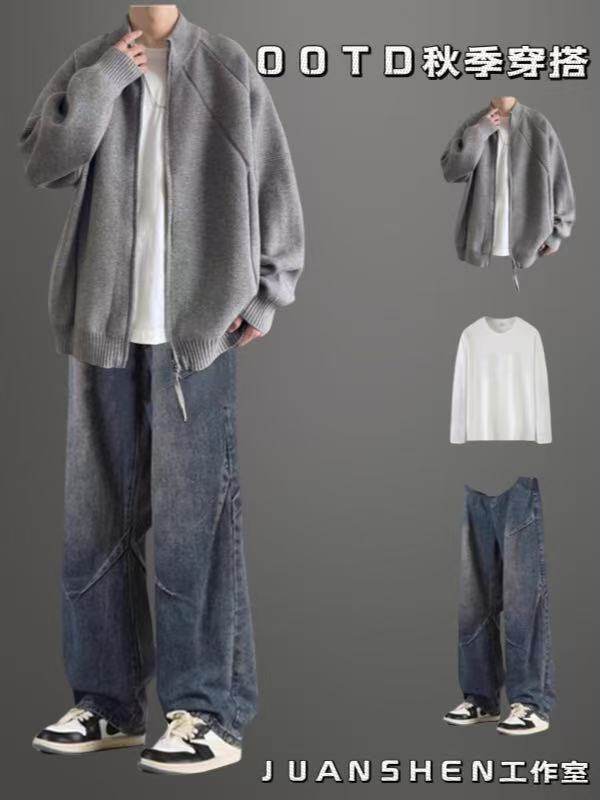 2025年美式设计感工装外套男春秋潮牌夹克翻领棒球服套装痞帅搭配