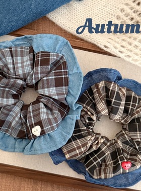 韩系复古格纹牛仔布花边大肠发圈少女时尚高级感马尾发绳头饰