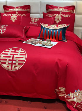 新中式双喜婚庆四件套100S长绒棉大红色纯棉全棉陪嫁结婚床上用品