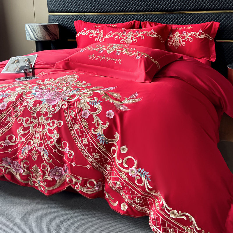 高档结婚四件套全棉婚庆大红色床单欧式刺绣被套纯棉喜被床上用品