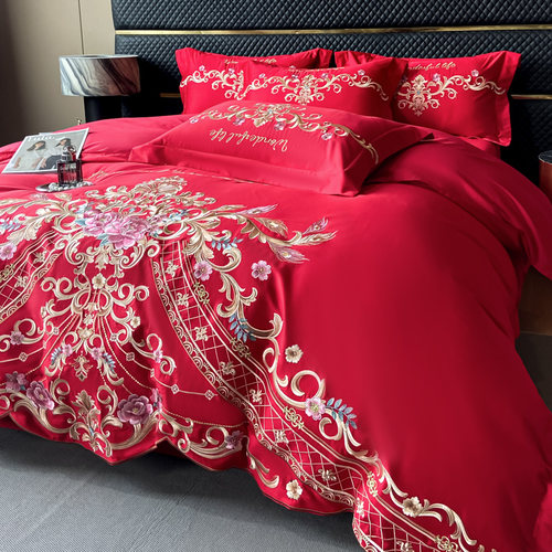 高档结婚四件套全棉婚庆大红色床单欧式刺绣被套纯棉喜被床上用品
