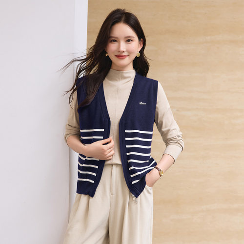 条纹针织女士马甲秋叠穿毛衣外套