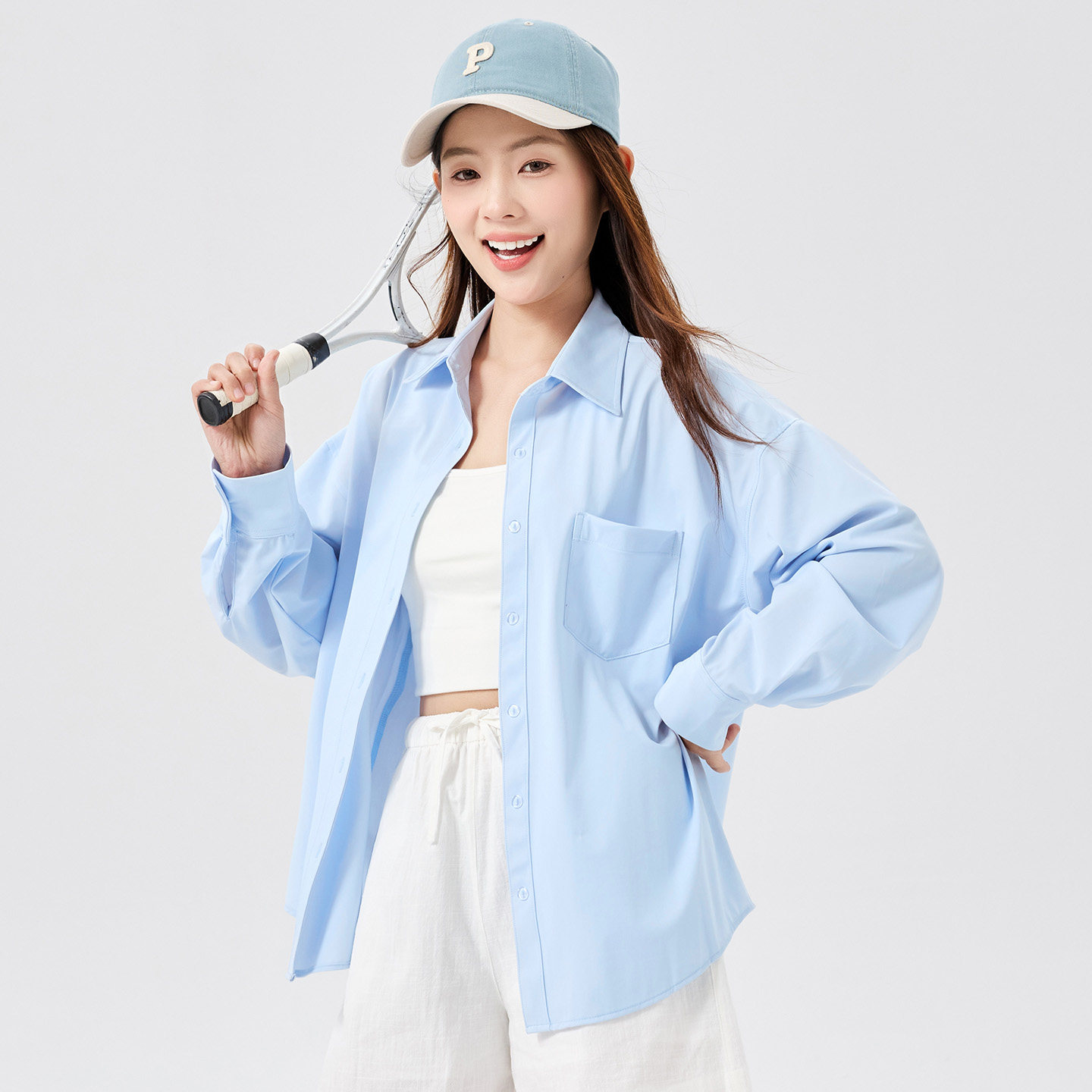 夏季防晒蓝色衬衫外套女外搭衬衣
