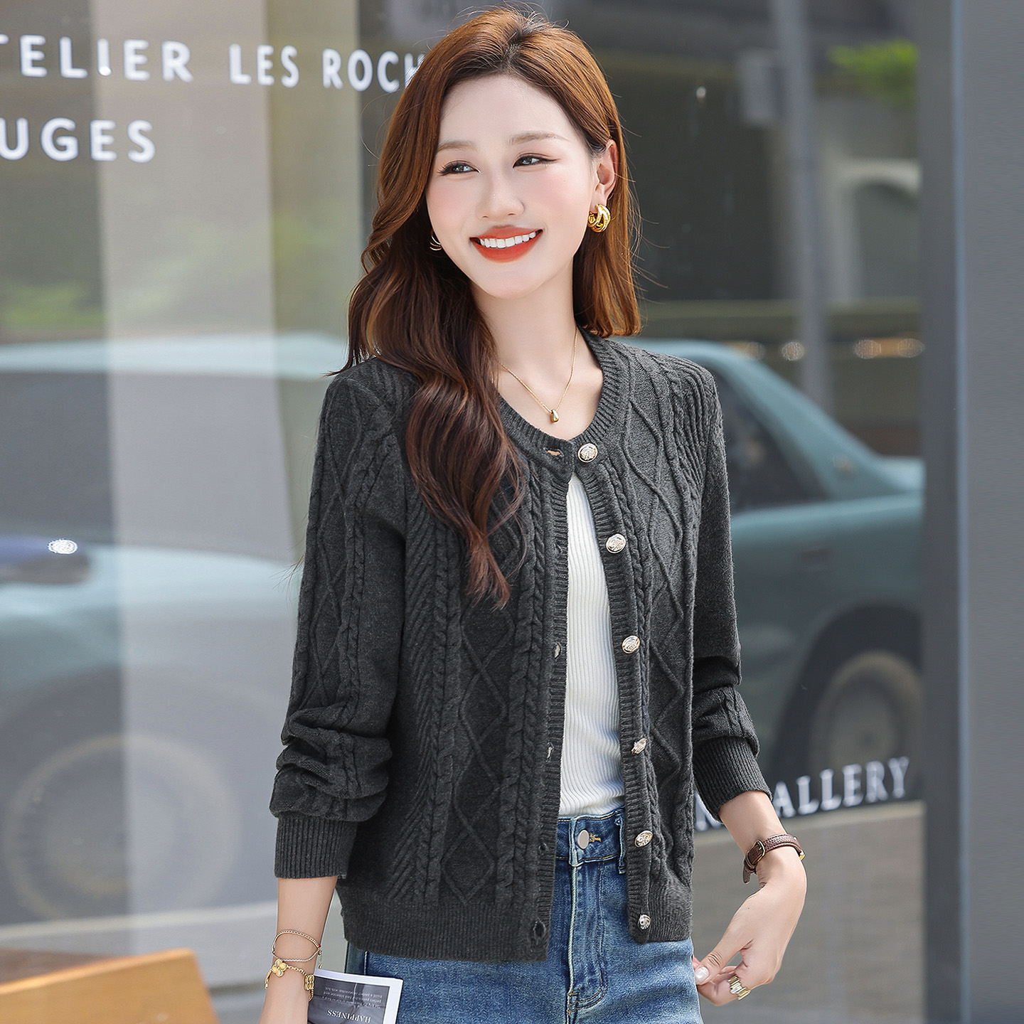 秋冬灰色针织开衫毛衣女款上衣