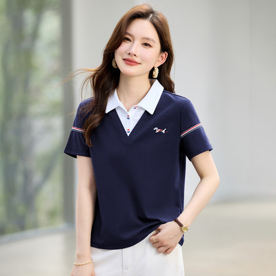 翻领女士短袖t恤夏季假两件上衣
