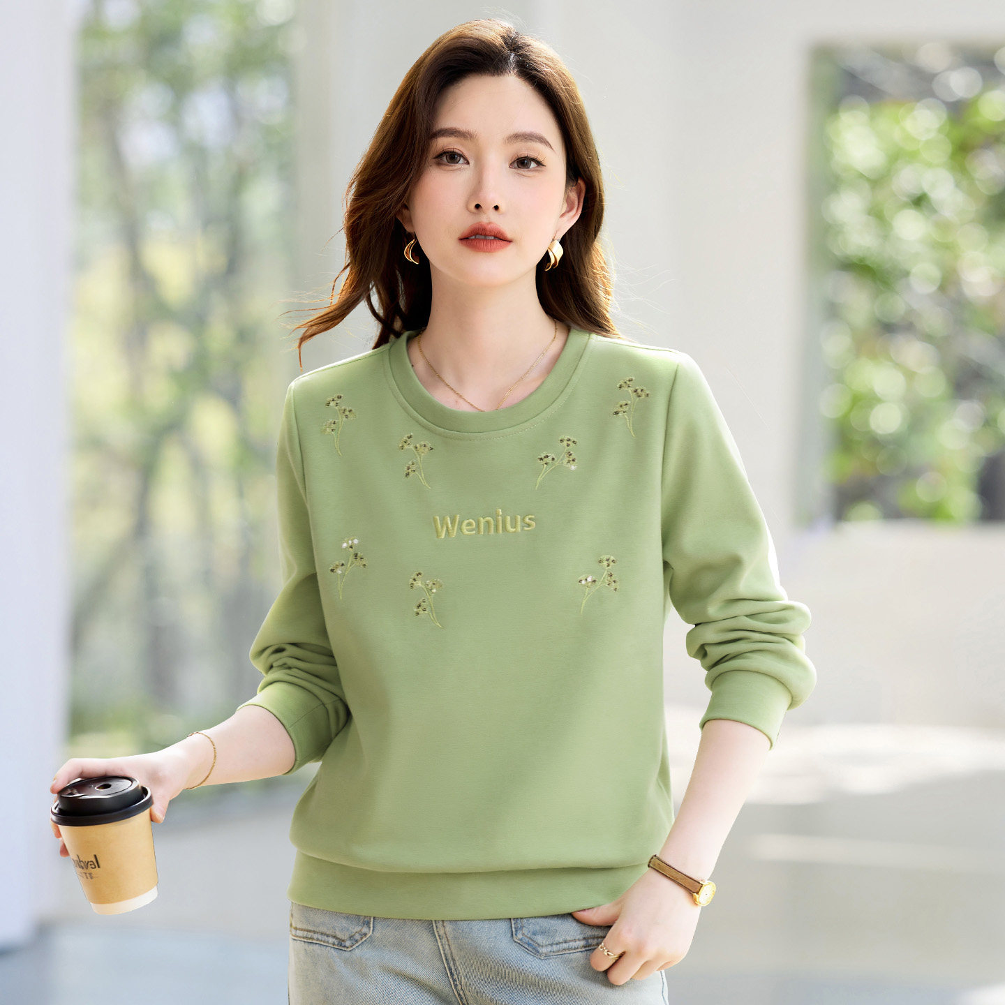 圆领正肩女士卫衣2026新款春秋爆款高端洋气女装无帽套头绿色上衣