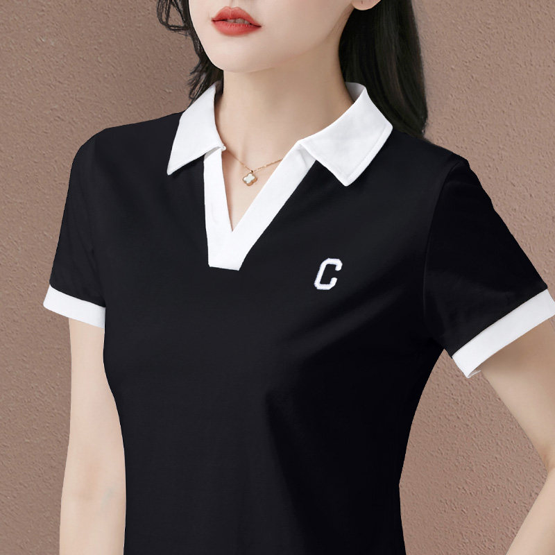 polo衫短袖t恤女2026年新款夏季薄款黑白拼色翻领半袖v领上衣体恤