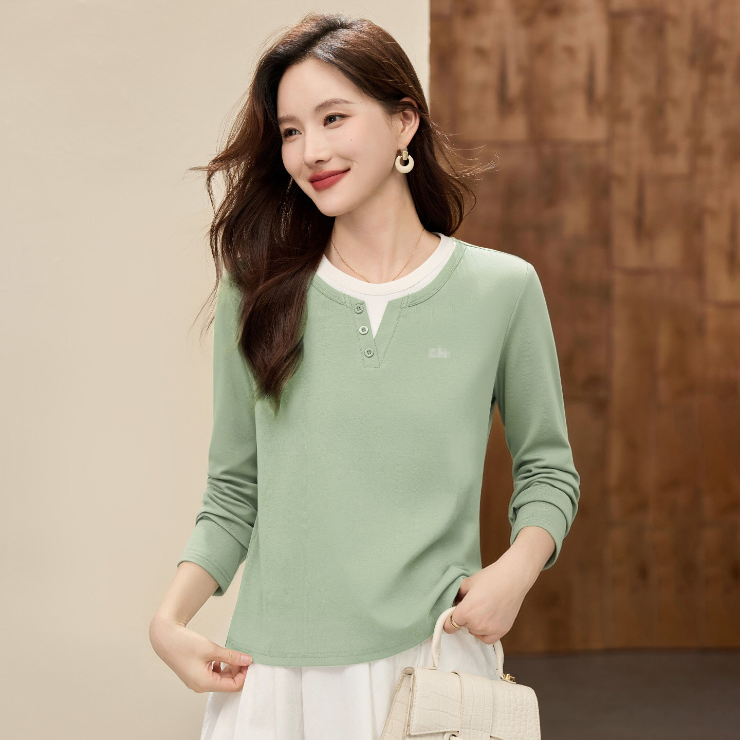 长袖t恤女打底衫内搭可外穿2026新款春季女装爆款假两件绿色上衣