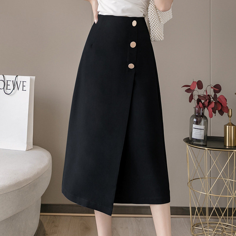 雪纺黑色半身裙女2024新款夏季中长款高腰不规则开叉a字包臀裙子