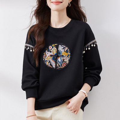 中式圆领黑色卫衣女春秋薄款