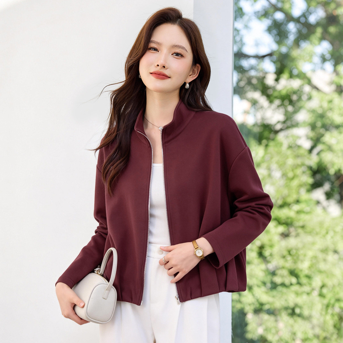 立领短款外套女2026新款春季高端女装爆款收腰上衣早春休闲薄卫衣