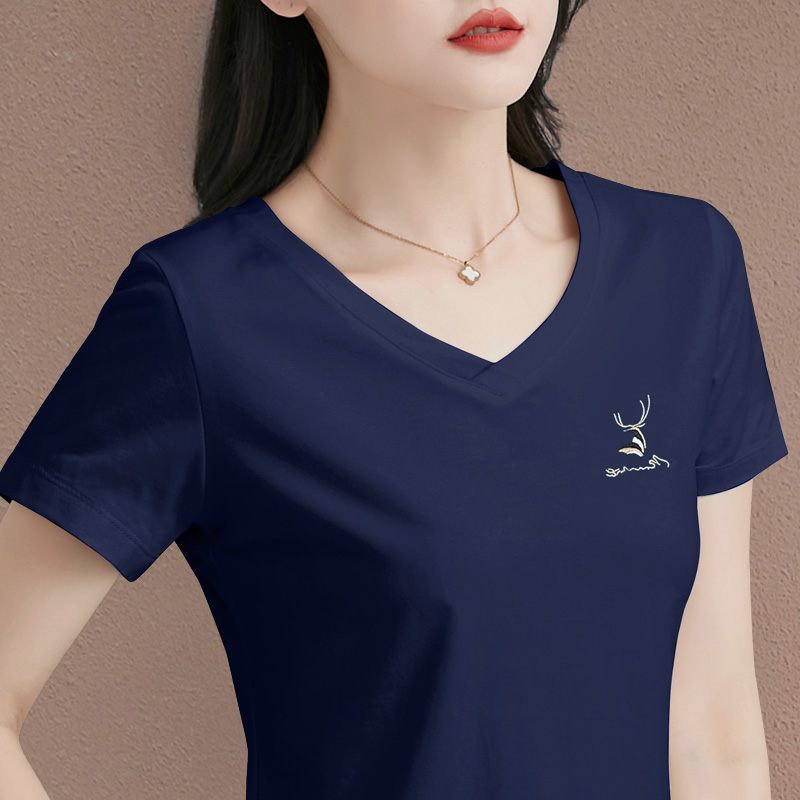 v领短袖t恤女2024年新款夏季修身正肩上衣品牌半袖女士气质体恤衫