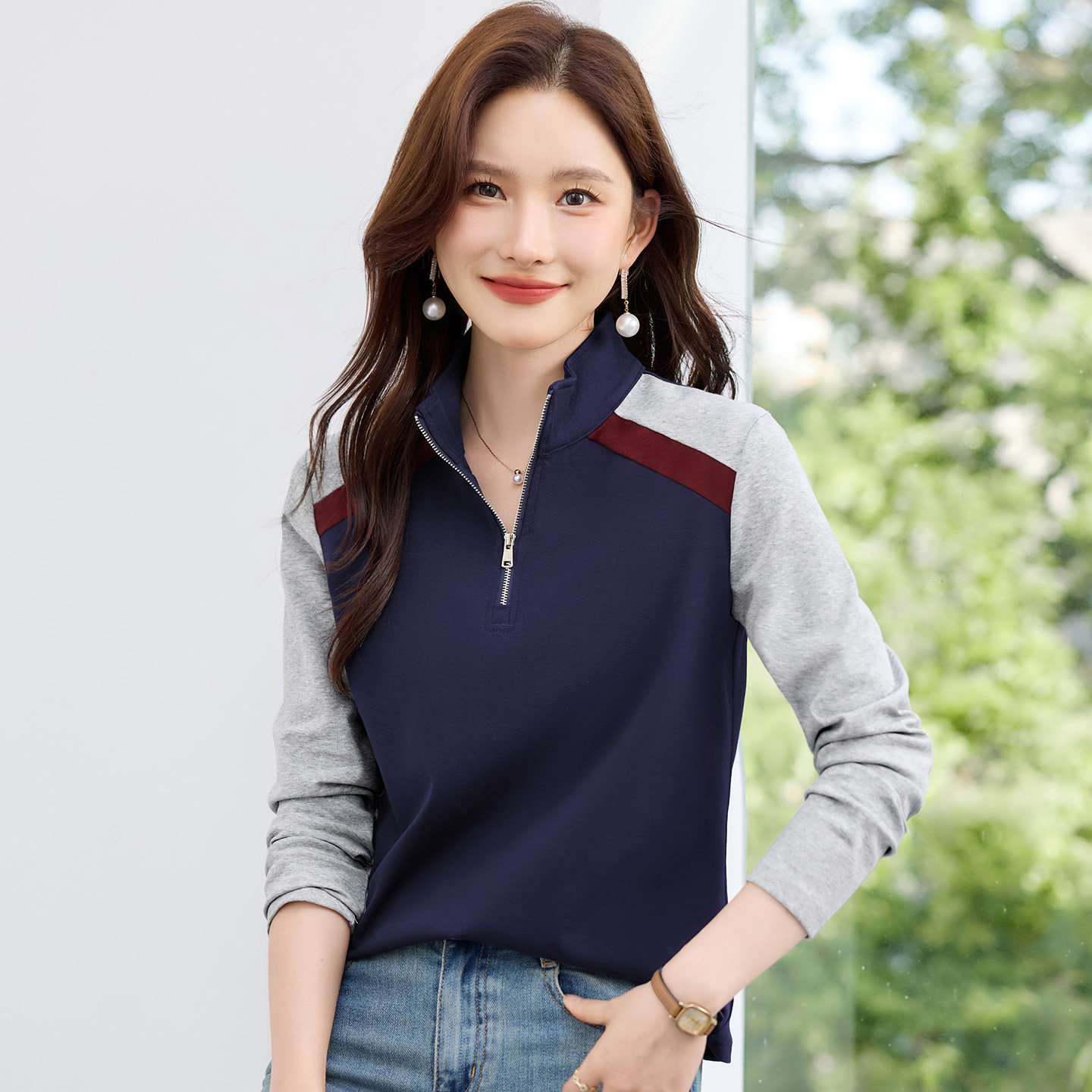 半拉链长袖t恤女正肩上衣2026新款春秋洋气修身可外穿内搭打底衫
