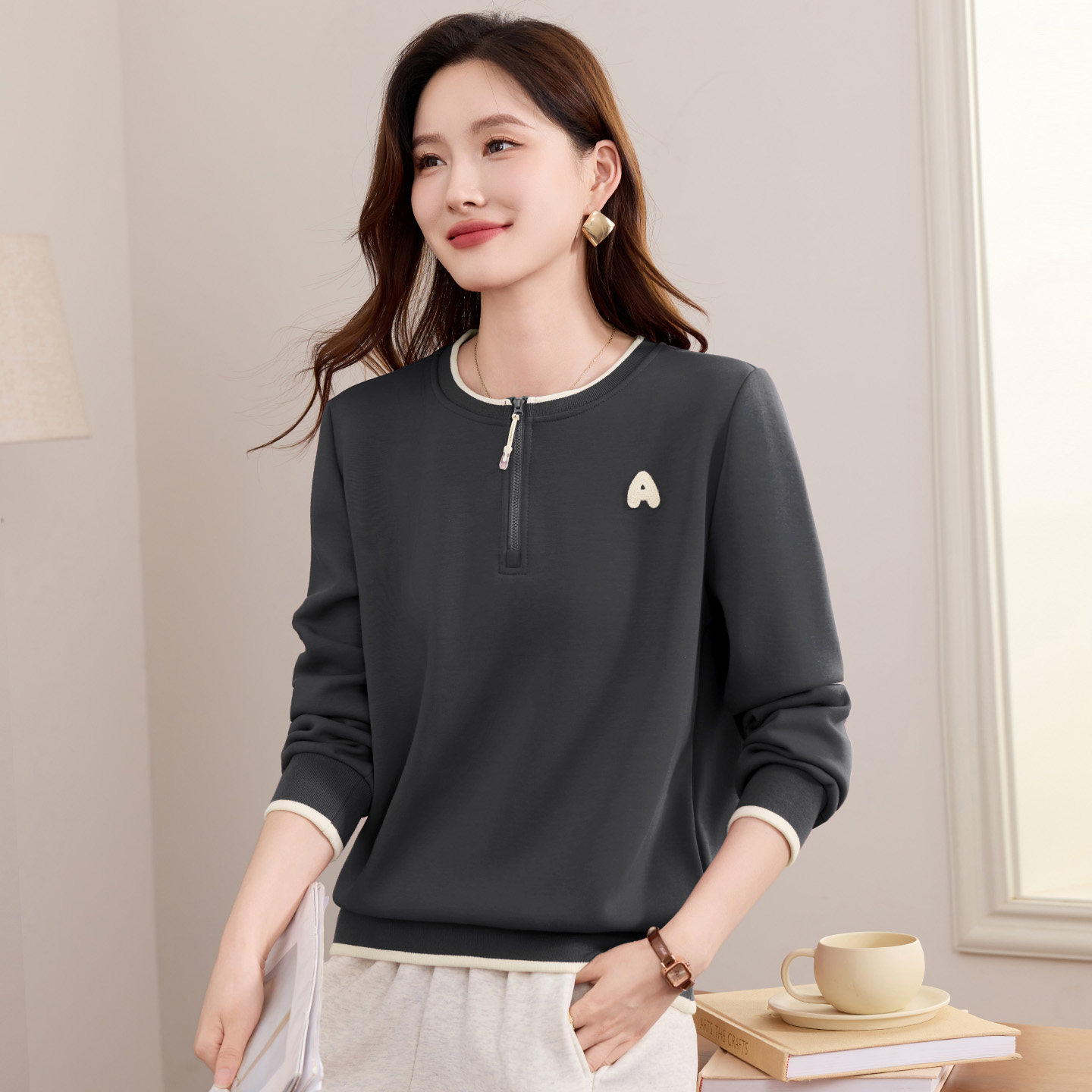 半拉链圆领卫衣女加绒加厚2025新款秋冬爆款高端女装宽松洋气上衣