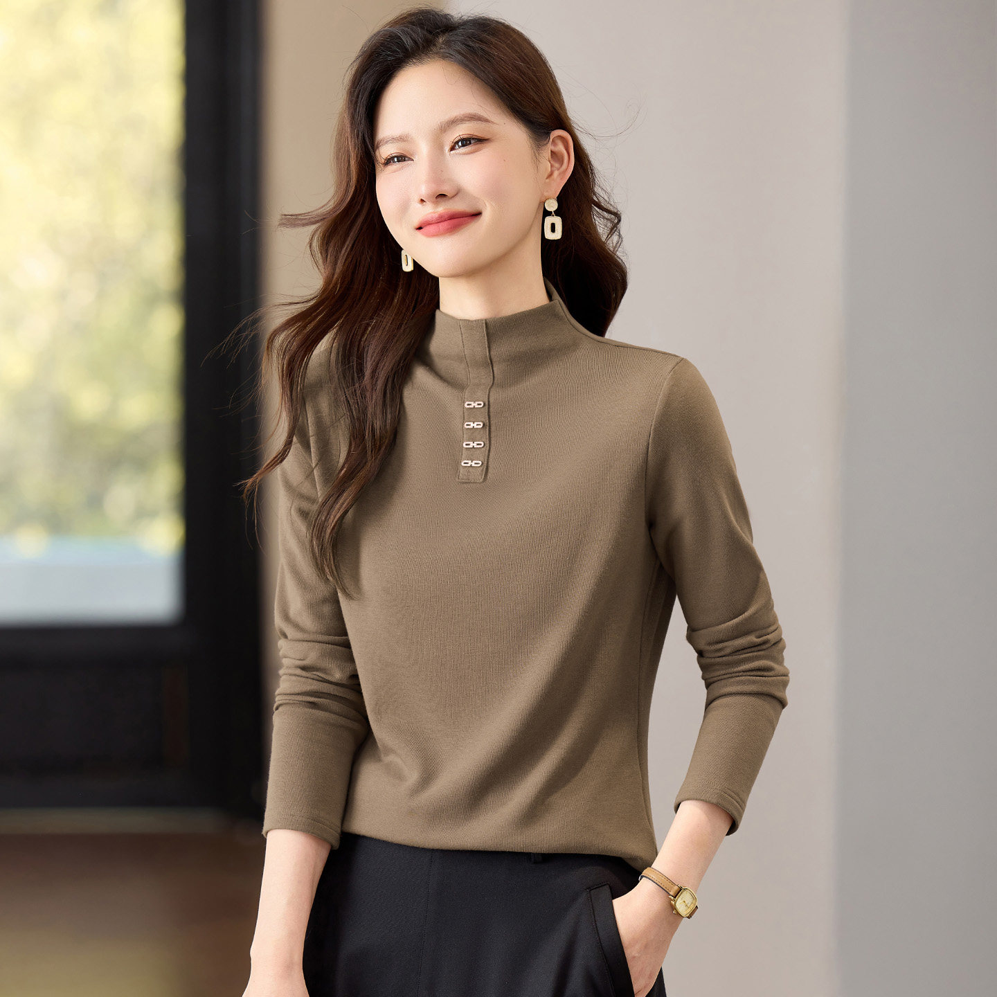 半高领长袖t恤女士加绒内搭打底衫2025新款秋冬爆款女装修身上衣