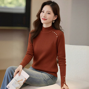 加绒毛衣女款2025新款冬季半高领打底内搭针织衫加厚保暖外穿上衣