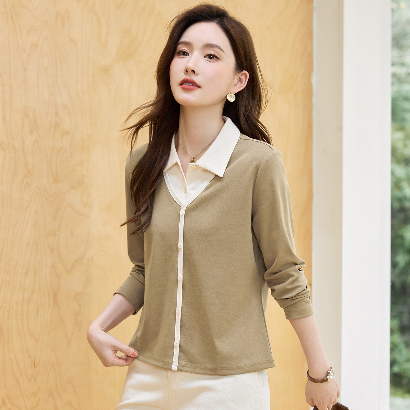 长袖t恤女春秋内搭可外穿打底衫2026新款女装爆款正肩假两件上衣