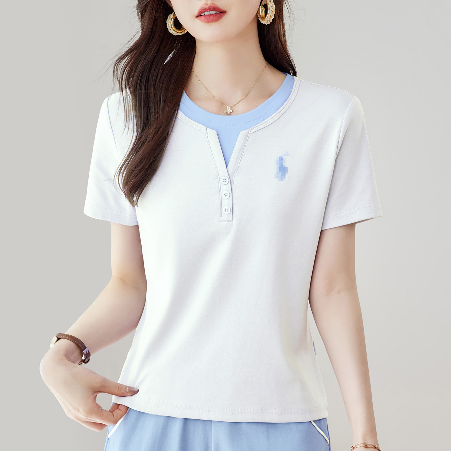 白色正肩短袖t恤女2025新款夏季爆款减龄女装假两件上衣半袖体恤