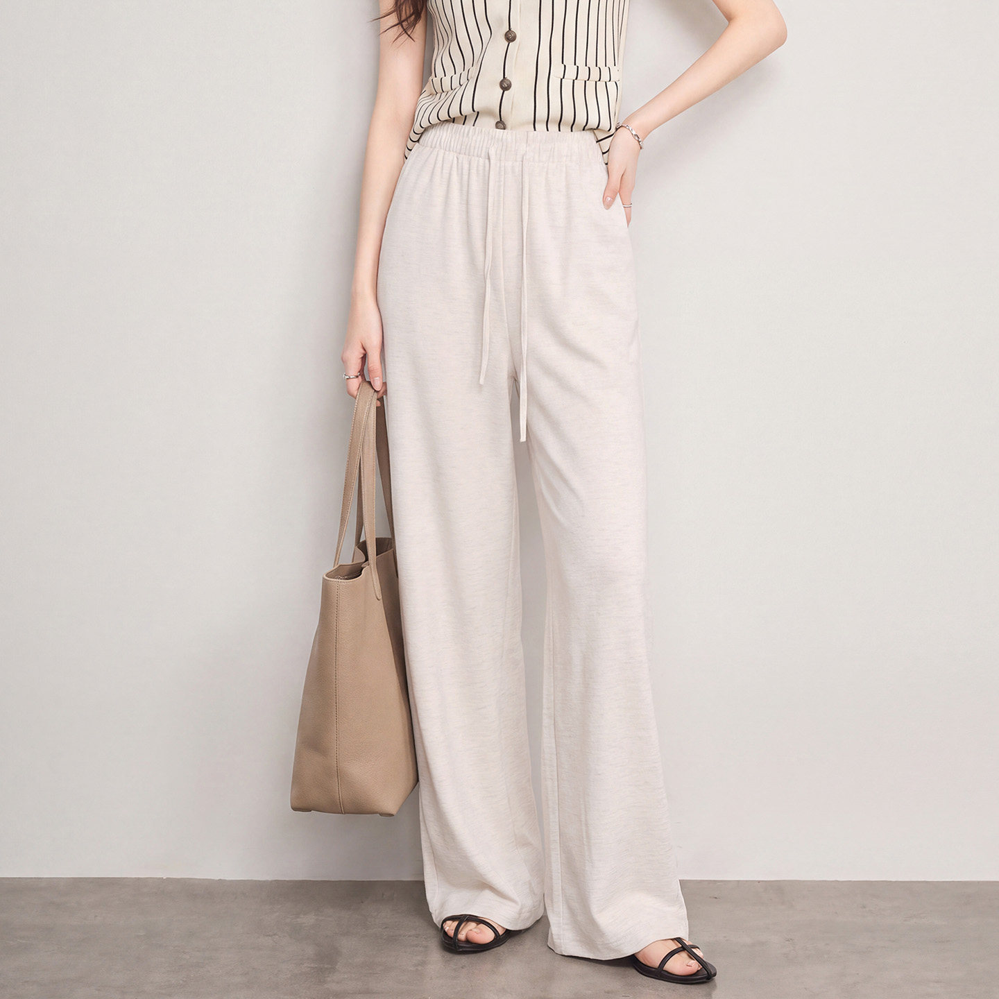 夏季休闲宽松直筒阔腿亚麻裤子女