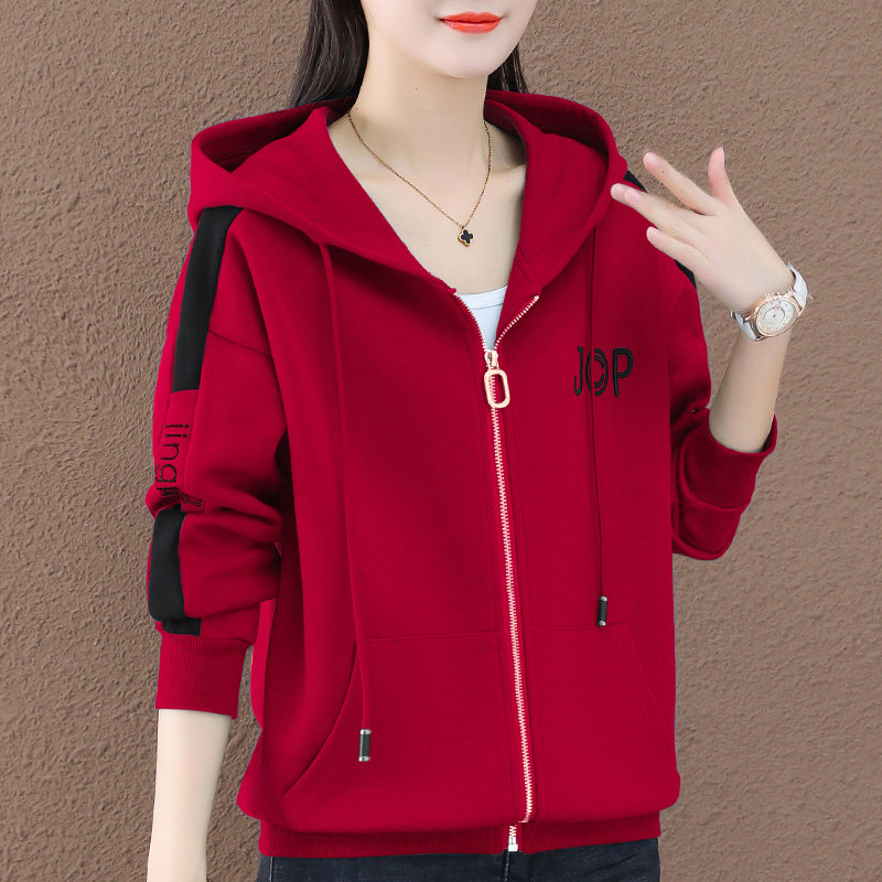 红色女士卫衣开衫2024春秋新款薄款上衣女装拉链加绒加厚秋冬外套