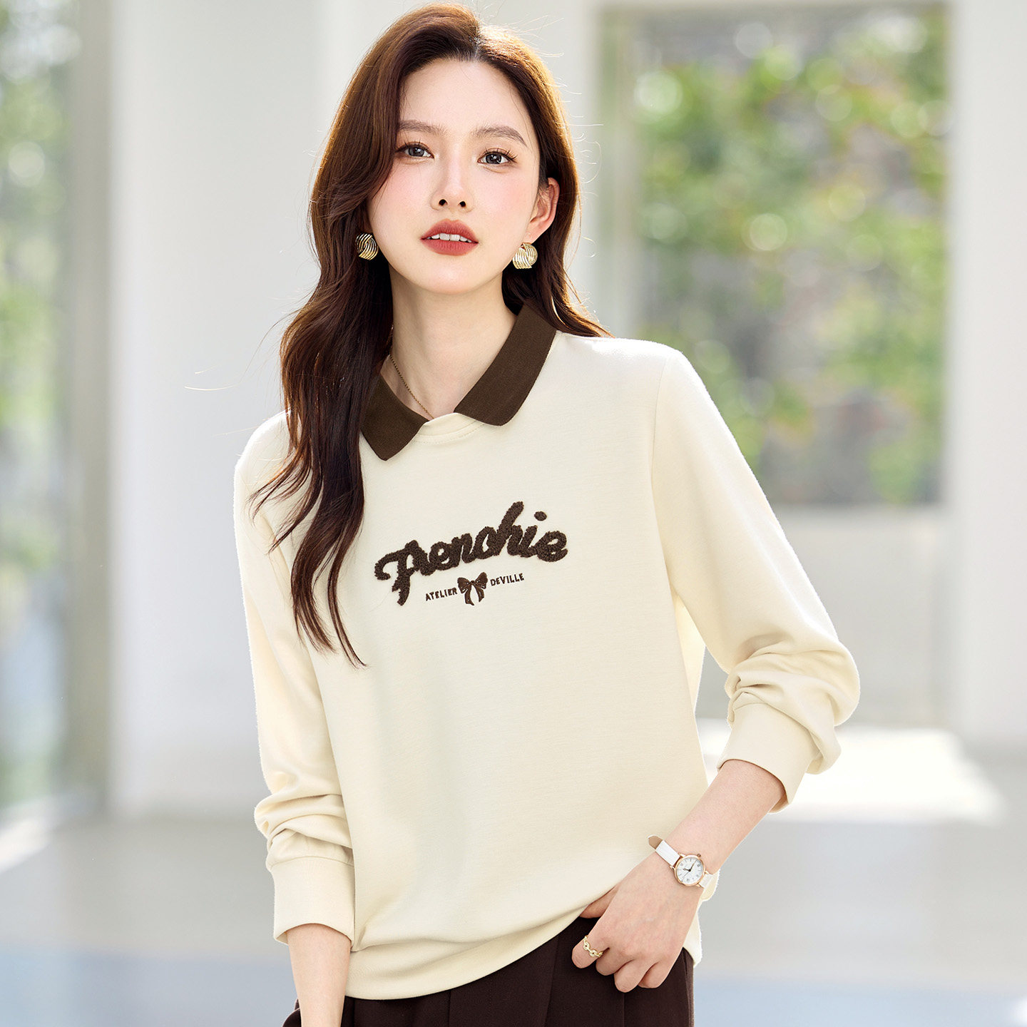 翻领正肩卫衣女2026新款春秋高端女装宽松洋气套头无帽假两件上衣